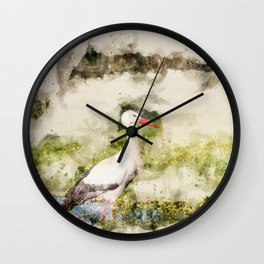 Stork in Pond Watercolor Wall Clock