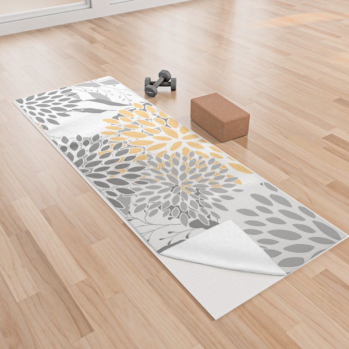 Floral Prints,  Leaves and Blooms, Gray and Yellow Yoga Towel