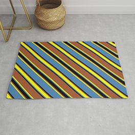 [ Thumbnail: Sienna, Yellow, Blue, and Black Colored Lines/Stripes Pattern Rug ]