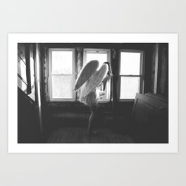Caught Her Sneaking Out the Bathroom Window female angel black and white photograph - photography - photographs wall decor Art Print