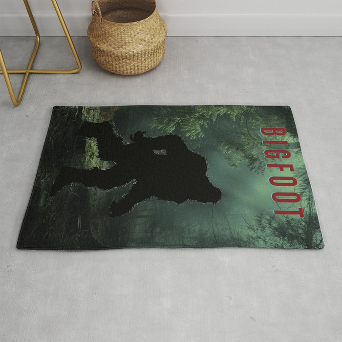 Bigfoot sasquatch walking through the dark forest mountain woods funny humorous art print poster / posters Rug