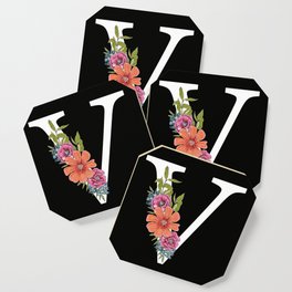 Monogram Letter V with Flowers Black background Coaster