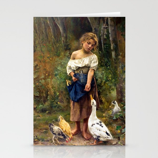 Joan Brull Vinyoles Girl Feeding a Goose and Chickens Stationery Cards