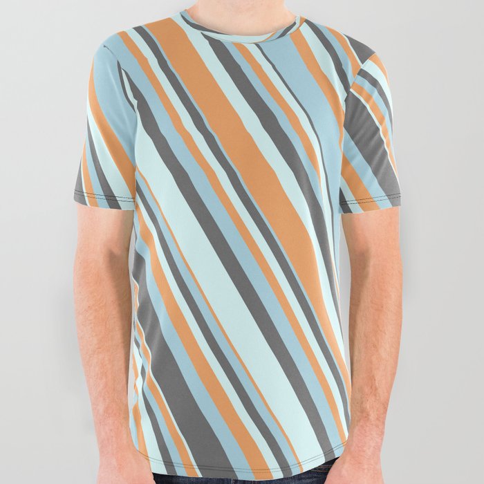 Dim Gray, Light Cyan, Brown & Light Blue Colored Striped Pattern All Over Graphic Tee