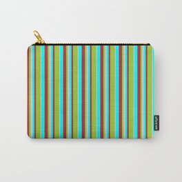 [ Thumbnail: Aqua, Brown, Green & Light Grey Colored Striped Pattern Carry-All Pouch ]