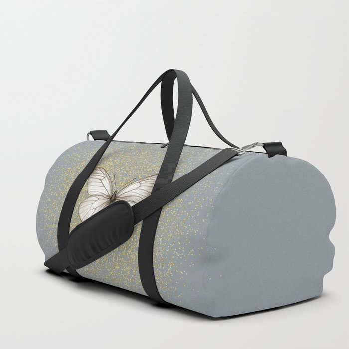 Hand-Drawn Butterfly and Golden Fairy Dust on Greenish Gray Duffle Bag