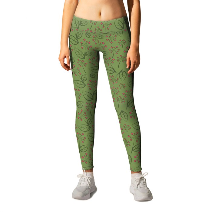 Blooming Ivy Pattern in Fern Green and Fuchsia Pink Leggings