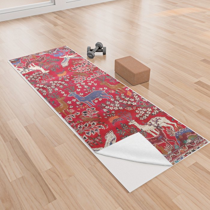 Floral Persian Rug Print With Birds And Animals Yoga Towel