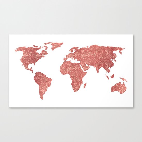World Map Rose Gold Glitter Canvas Print