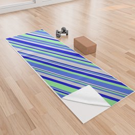 [ Thumbnail: Light Green, Royal Blue, Light Grey, and Blue Colored Lines Pattern Yoga Towel ]