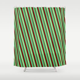 [ Thumbnail: Light Green, Maroon & Sea Green Colored Stripes/Lines Pattern Shower Curtain ]
