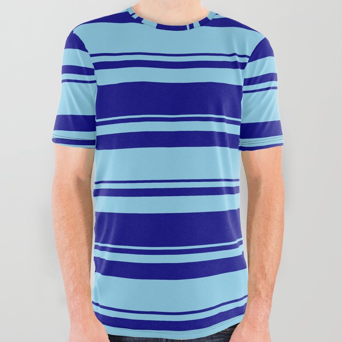 Blue and Sky Blue Colored Stripes/Lines Pattern All Over Graphic Tee
