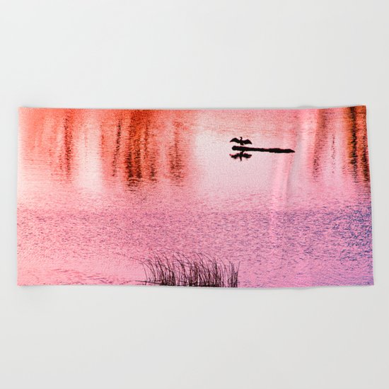 Ripples, reed, reflections,red Beach Towel