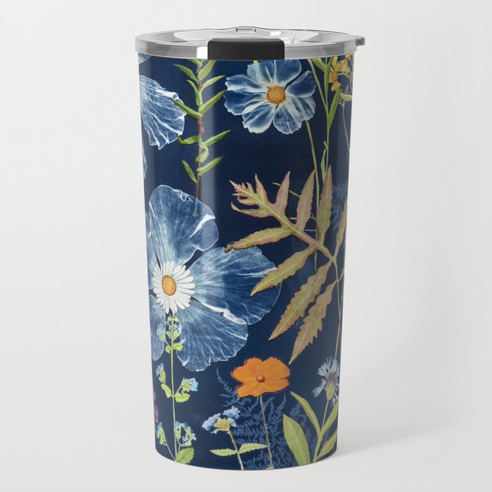 Cyanotype Painting (Hibiscus, Daisies, Cosmos, Ferns, Monarch) Travel Mug