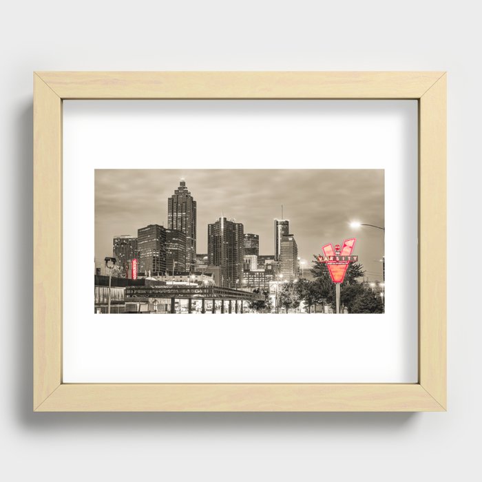 Atlanta Skyline Panorama and Varsity Neons - Sepia Selective Color Recessed Framed Print