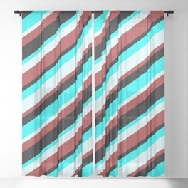 [ Thumbnail: Aqua, Light Cyan, Brown & Black Colored Lined Pattern Sheer Curtain ]