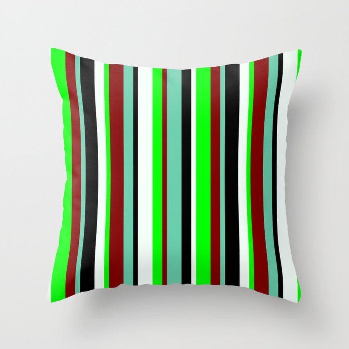 Eyecatching Aquamarine, Maroon, Lime, Mint Cream & Black Colored Lined/Striped Pattern Throw Pillow