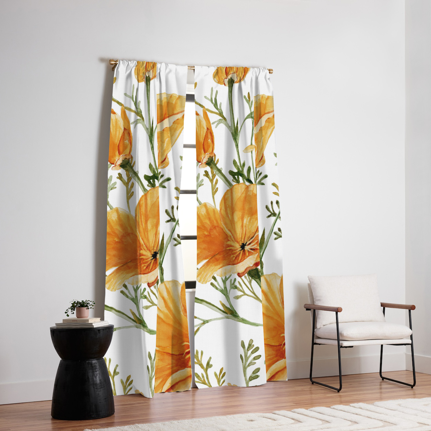 California Poppies Watercolor Painting Blackout Curtain By