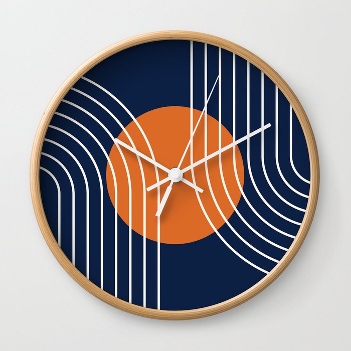 Geometric Lines in Navy Blue Orange 5 (Rainbow Abstraction) Wall Clock