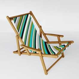 [ Thumbnail: Colorful Grey, Green, Dark Turquoise, Black, and Mint Cream Colored Lined/Striped Pattern Sling Chair ]