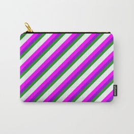 [ Thumbnail: Eye-catching Fuchsia, Dark Violet, Forest Green, Mint Cream, and Light Grey Colored Stripes Pattern Carry-All Pouch ]