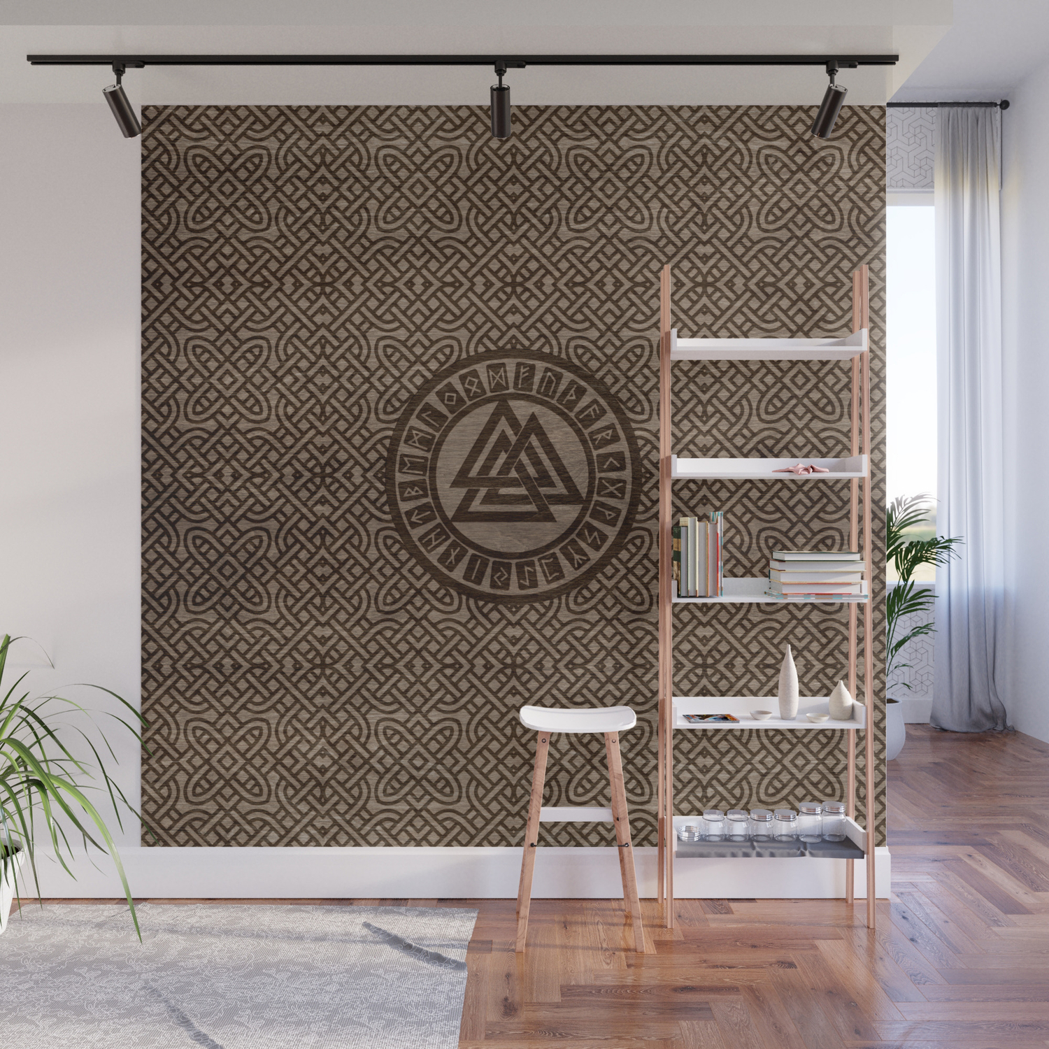 Mural Wall Decoration Valknut Wotan knot with Runes-Wooden