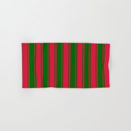 [ Thumbnail: Crimson & Dark Green Colored Striped/Lined Pattern Hand & Bath Towel ]