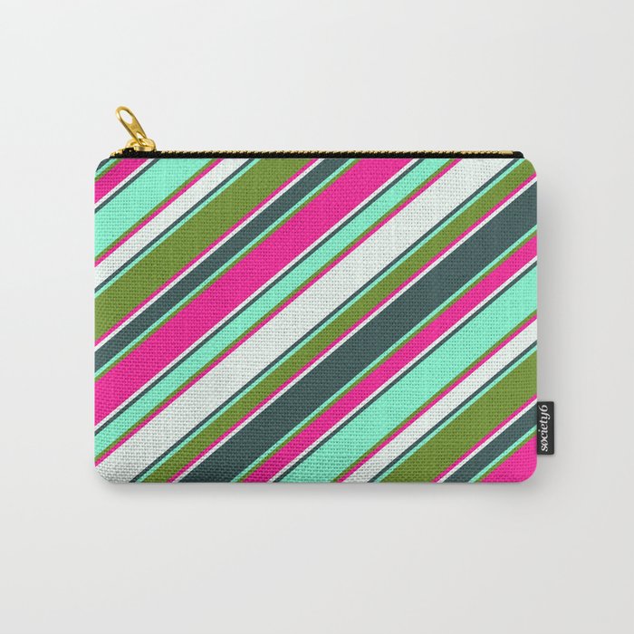 Vibrant Deep Pink, Mint Cream, Dark Slate Gray, Aquamarine, and Green Colored Lines/Stripes Pattern Carry-All Pouch