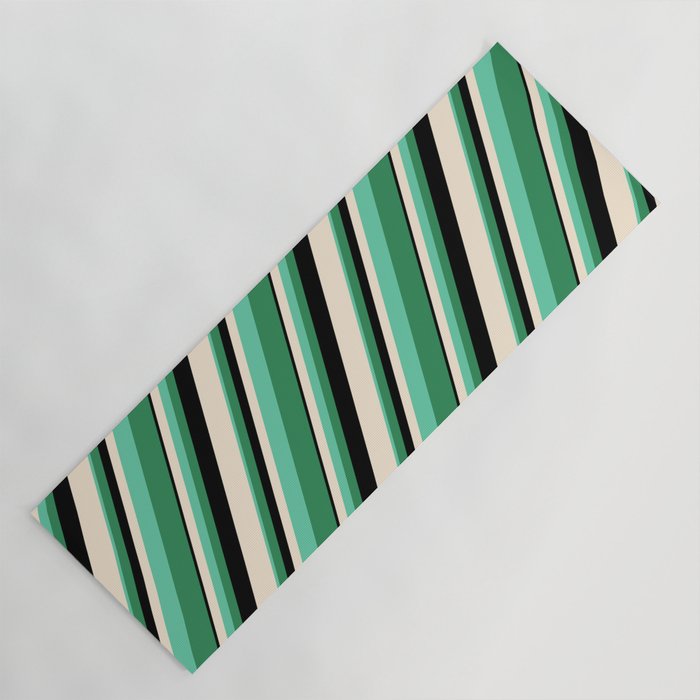 Beige, Aquamarine, Sea Green, and Black Colored Lined/Striped Pattern Yoga Mat