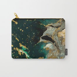 Abstract Pour Painting Liquid Marble Abstract Dark Green Painting Gold Accent Agate Stone Layers Carry-All Pouch