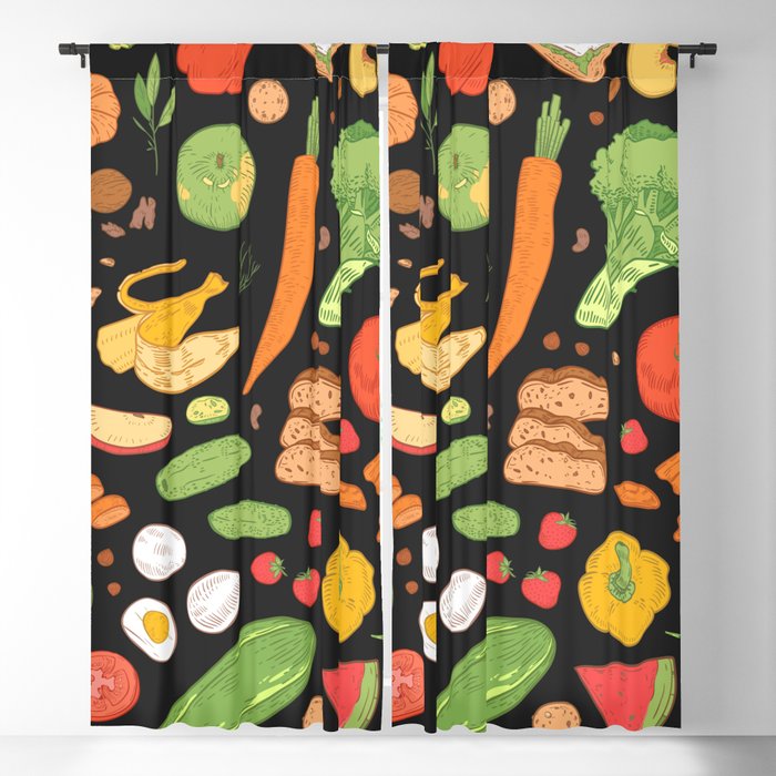 Seamless pattern with dietary food, wholesome grocery products, natural organic fruits, berries and vegetables on black background. Hand drawn realistic vintage illustration Blackout Curtain