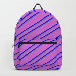 [ Thumbnail: Orchid, Blue & Light Slate Gray Colored Pattern of Stripes Backpack ]