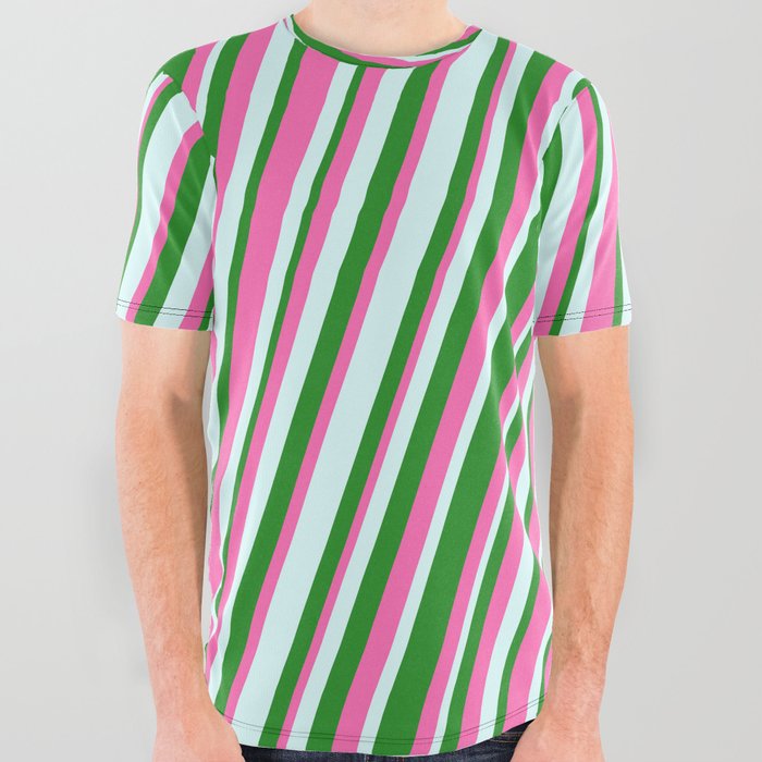 Forest Green, Hot Pink, and Light Cyan Colored Stripes/Lines Pattern All Over Graphic Tee