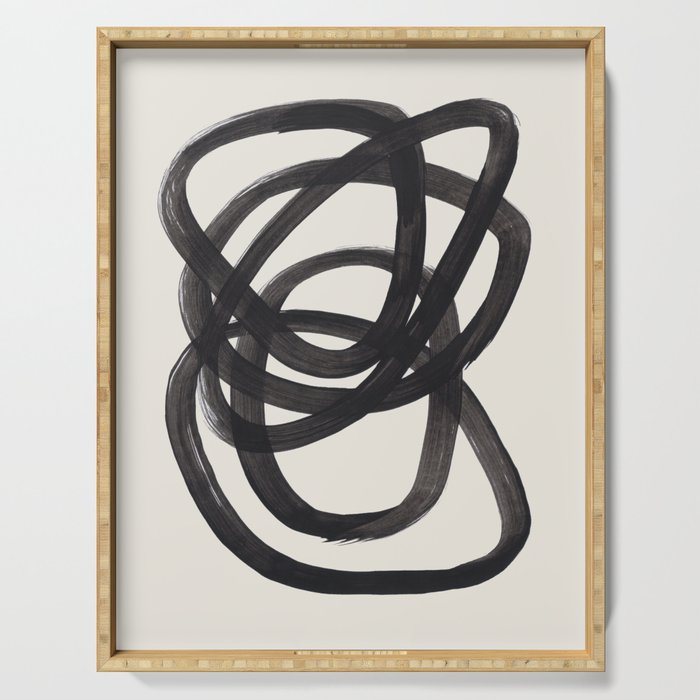 Mid Century Modern Minimalist Abstract Art Brush Strokes Black & White Ink Art Spiral Circles Serving Tray