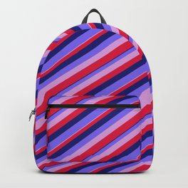 [ Thumbnail: Midnight Blue, Medium Slate Blue, Plum & Crimson Colored Stripes/Lines Pattern Backpack ]