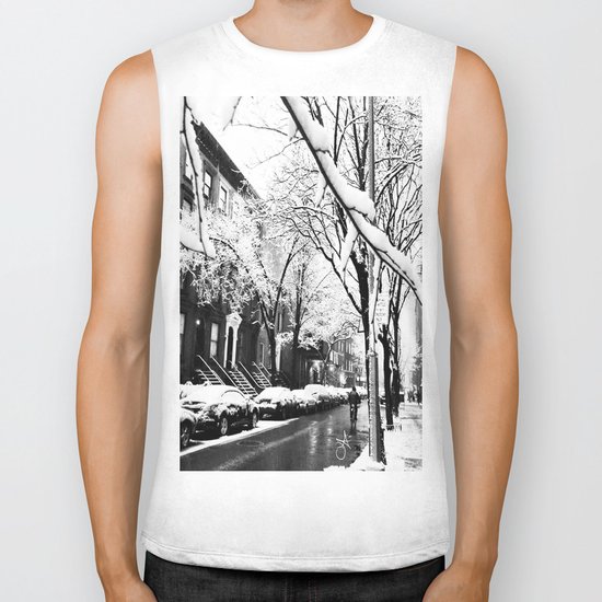 Black and White Photo of the Beautiful Brooklyn Heights covered in icy snow Biker Tank