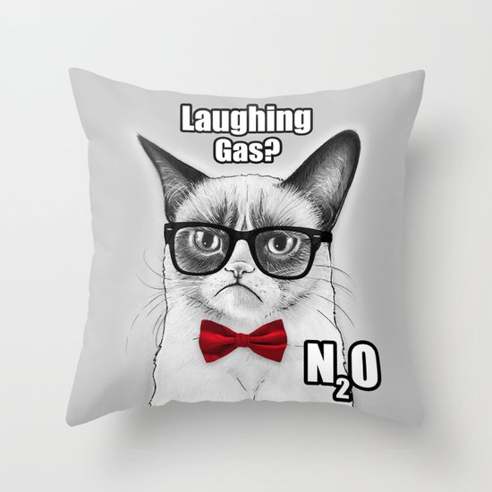 Grumpy Chemistry Cat Geek Science Meme Whimsical Animals in Glasses Throw Pillow
