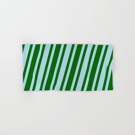 [ Thumbnail: Light Blue & Dark Green Colored Stripes Pattern Hand & Bath Towel ]