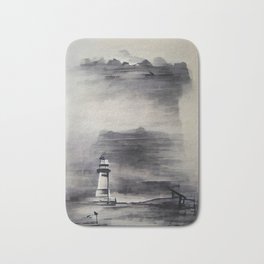 Lighthouse Abstract Aesthetic No2 Bath Mat | Lonely, Lighthouse, Monochrome, Graphicdesign, Coastal, Signaltower, Seascape, Landscape, Sentinel, Pharos 