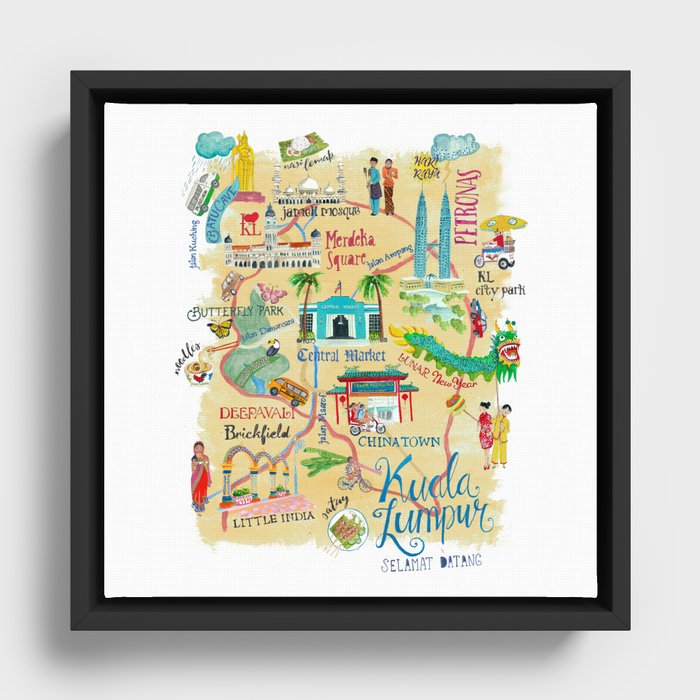 Illustrative map Kuala Lumpur Malaysia travel Framed Canvas