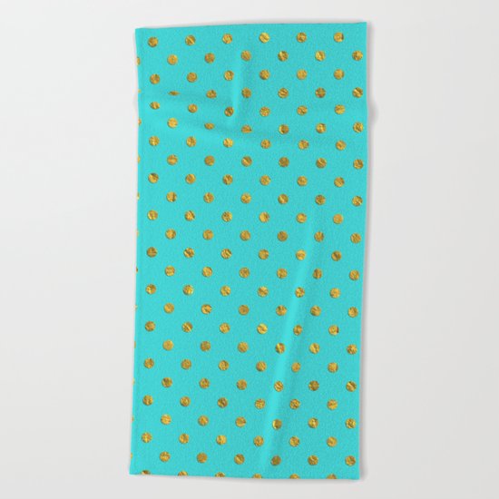 Gold glitter polka dots on turquoise backround pattern Beach Towel