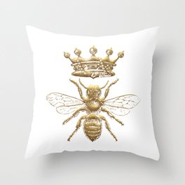 Queen Bee | Vintage Bee with Crown | Gold and White | Throw Pillow