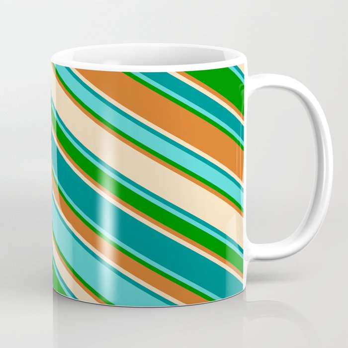 Colorful Tan, Teal, Turquoise, Green, and Chocolate Colored Lines Pattern Coffee Mug