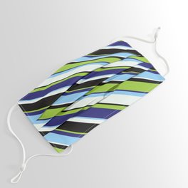 [ Thumbnail: Colorful Green, Midnight Blue, Light Sky Blue, Mint Cream, and Black Colored Lined/Striped Pattern Face Mask ]