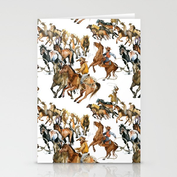 Running horses seamless pattern. American cowboy. Wild west. watercolor tribal texture. Equestrian illustration Stationery Cards