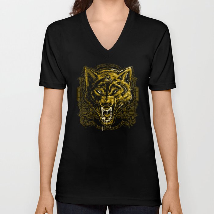 Wild Angry Wolf Tattoo Illustration V Neck T Shirt