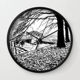 Et le jardin apparut  / And the garden appeared Wall Clock | Drawing, Autumn, Clearline, Fall, River, Leaves, Ligneclaire, Vintage, Black and White, Illustration 