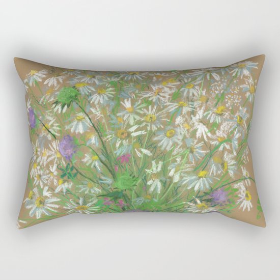 "Meadow flowers", white daisies, floral art, pastel drawing Rectangular Pillow