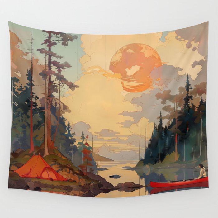 Campsite and a Red Canoe Wall Tapestry