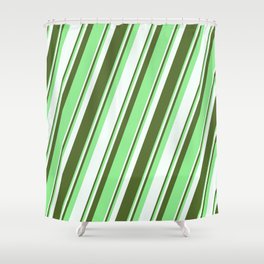 [ Thumbnail: Dark Olive Green, Light Green, and Mint Cream Colored Lines Pattern Shower Curtain ]